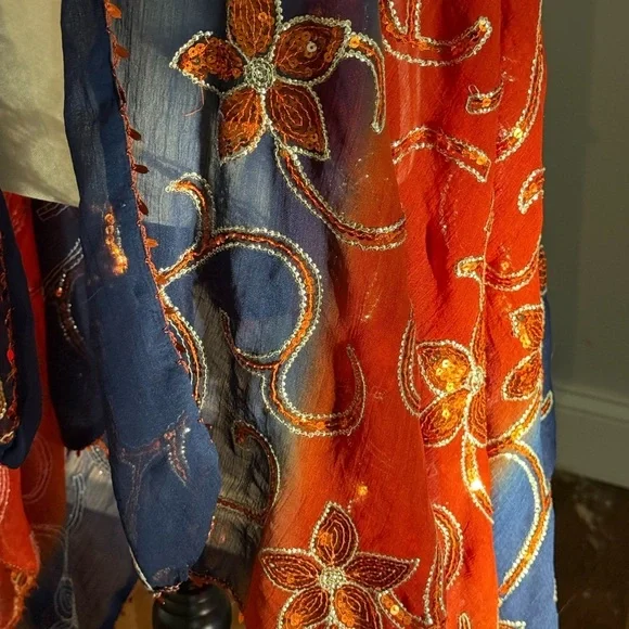 Floral Embroidered Scarf in Red and Blue Large 69”x 33” - Picture 11 of 13